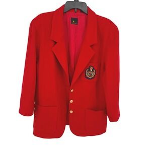 Vtg Lizsport Red Blazer Crest Gold Button Wool Blend 12 90s Holiday Festive